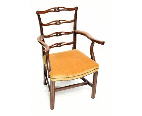 A George III mahogany ribbon ladder back elbow chair on block supports.Additional InformationJoints are slightly loose, chip 