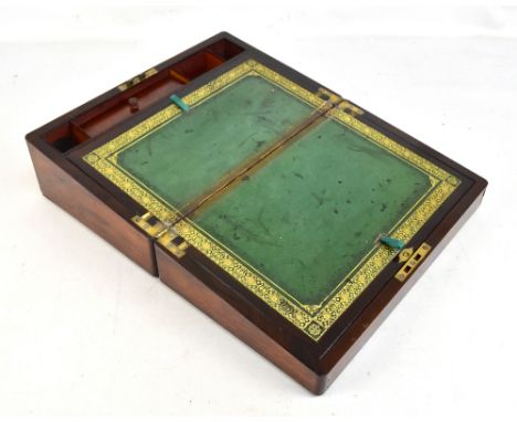 An early Victorian rosewood writing slope, the hinged lid set with mother of pearl rectangular plaque and with similar plaque