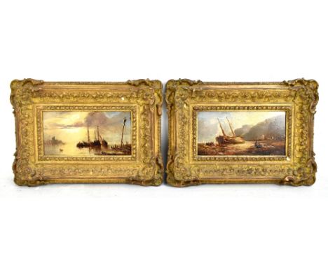 AN EARLY 19TH CENTURY DUTCH SCHOOL; a pair of oils on metal panels, coastal landscapes with figures and vessels, unsigned, ea