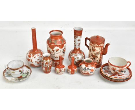 A group of Japanese Kutani ware comprising six vases (one af), height of two taller 17.5cm, a coffee pot, a sugar bowl, a sin