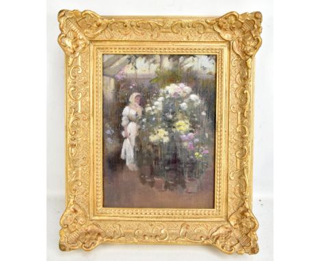 AFTER SIR JOHN LAVERY (IRISH 1856-1941); oil on board, 'In the Conservatory', unsigned, loosely inscribed verso, 29 x 21cm, f