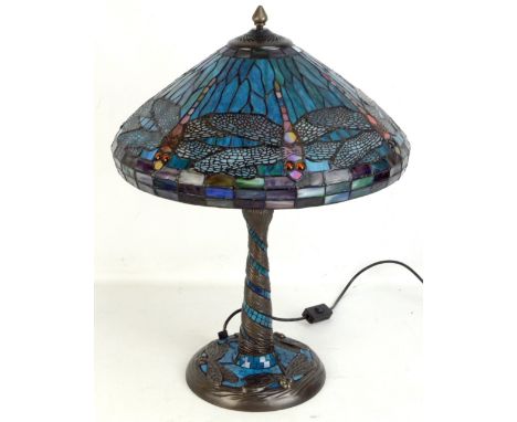 A modern Tiffany style desk lamp with stained decoration depicting dragonflies, height 57cm.Additional InformationGeneral wea