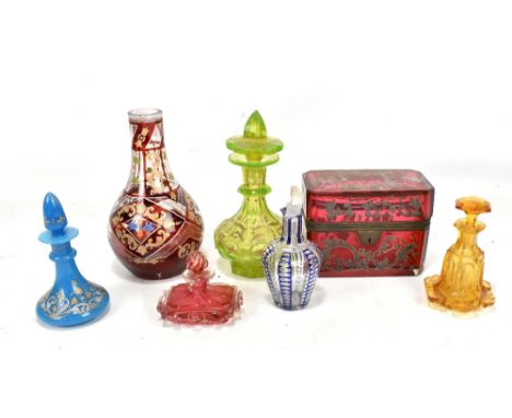A collection of 19th century and later glassware to include a Bohemian rectangular casket with scrolling decoration, length 1
