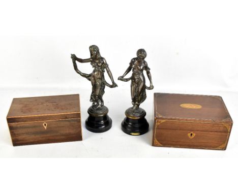An Edwardian inlaid mahogany rectangular work box, length 24cm, a Georgian mahogany tea caddy, length 23cm, and a pair of pat