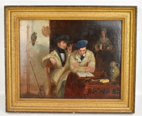 19TH CENTURY FRENCH SCHOOL; oil on canvas, figures smoking in an interior with a parrot upon a perch by their side, unsigned,