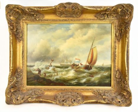 A LADD; oil on panel, sailing vessels in stormy seas, signed lower left, 29 x 39.5cm, framed.Additional InformationLight scra