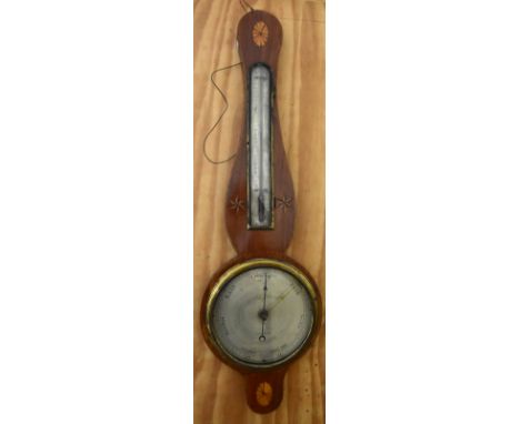 A Georgian inlaid mahogany banjo barometer, the silvered dial indistinctly signed by a London maker, height 92cm.