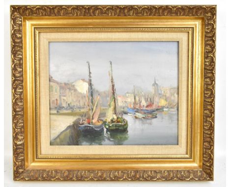 G. AUGUZEAU; oil on canvas, a Continental harbour scene with moored boats, signed, 21 x 25cm, framed.Additional InformationTh