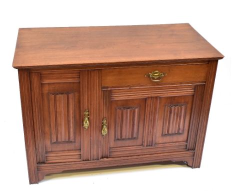 A walnut cupboard featuring linenfold detail with single drawer and two doors on bracket feet, height 74cm, width 104cm, dept
