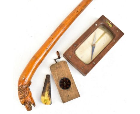 Four items including a 19th century mahogany cased compass, a 19th century walking cane with carved dog's head finial, length