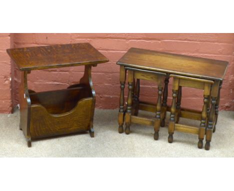 A reproduction oak magazine rack/coffee table and a nest of three oak coffee tables.Additional InformationLight scratches and