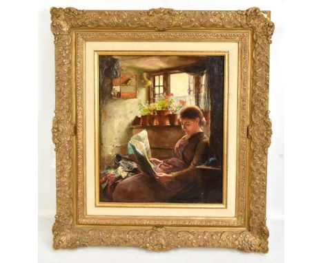 FREDERICK GEORGE COTMAN (1850-1920); oil on canvas, interior scene with woman reading a newspaper beside an open window, sign