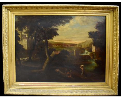 IN THE STYLE OF JAN BAPTIST HUYSMANS; large oil on canvas, landscape with figures in foreground and watermill in the middle d