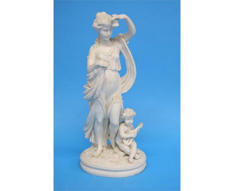 A Parian group of a classical female holding aloft a bell with a putti at her side playing a lute 39cm height