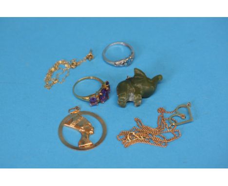 A 9ct gold dress ring, a small jade elephant, gold chain etc.