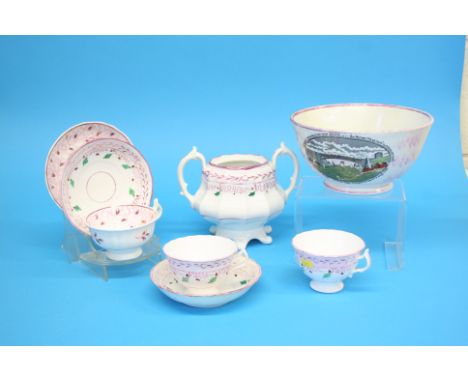 A 19th Century purple lustre Sunderland bowl 'Sailors farewell', three lustre cups and saucers and a sugar bowl