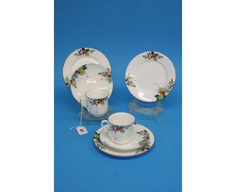 An Art Deco Shelley 'Vincent' pattern part tea service comprising 2 cake plates, 10 side plates, 10 saucers and 8 cups
