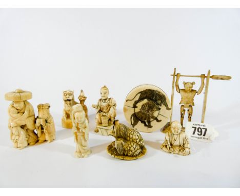 A collection of Japanese carved ivory items to include Netsuke, circular trinket box and cover and a jointed articulated mode