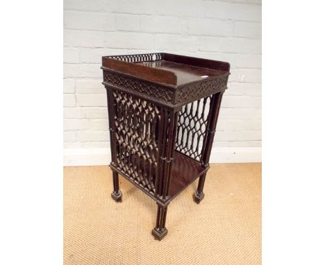A Chinese Chippendale design two tier lamp table with fret tray top 13" square 