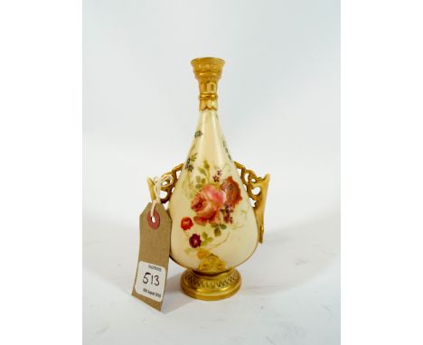 A Royal Worcester blush ivory twin handled narrow neck vase painted with roses numbered on the base 982, height 17cms   No si