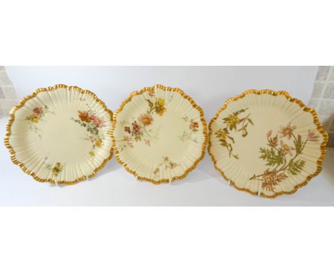 Three Royal Worcester blush ivory cabinet plates with shaped edges numbered 1416 to reverse 