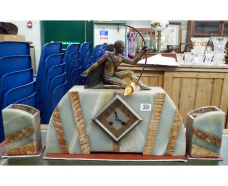 A French three piece marble clock garniture, a clock with striking movement and a figure mount    The item is missing its pen