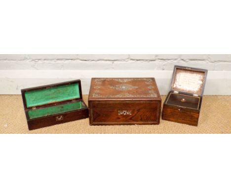 Victorian mother of pearl inlaid box, small tea caddy and another inlaid box (as found)