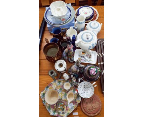 A Wedgwood four piece teaset, luster jugs, early morning tea set, aircraft plates and assorted other china 