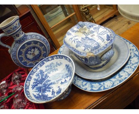 A set of six crystal wine glasses, blue and white meat plates, tureens, slat glazed jug etc 