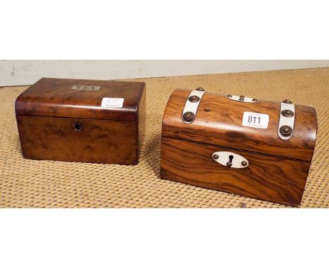 Polished sycamore Victorian two division tea caddy and a walnut bone decorated dome topped tea caddy 