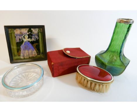 Art Nouveau iridescent glass silver rimmed vase, enamel topped salt seller with a start cut base, and enamelled back brush in