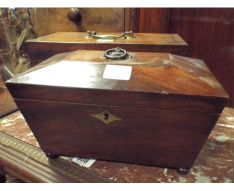 Regency mahogany brass bound tea caddy and a Victorian sarcophagus shaped mahogany tea caddy 