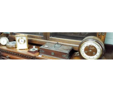 Two mantle clocks, alarm clock, horseshoe barometer, oak cigarette box etc 