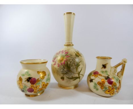 Royal Worcester blush ivory vase decorated with daisies and two small pieces decorated with bumblebees and clover   one of th