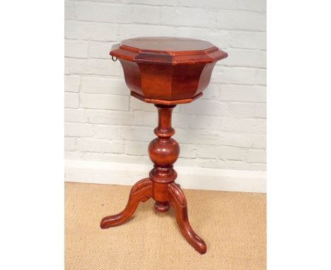 A late Victorian ten sided lift top workbox on bulbous pillar and tripod base approx 30" high 