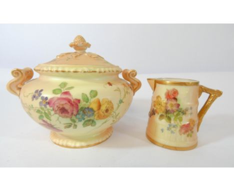 Royal Worcester blush ivory twin handled sucrier and cover and a small jug (defects to both)