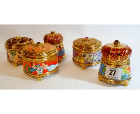 A collection of five Russian style musical trinket boxes with gilded lids