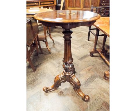 A circular Victorian walnut occasional table on pillar and tripod base with floral Tunbridge ware inlaid panels 