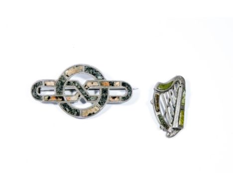 Victorian agate Celtic knot design brooch with registration diamond to reverse and another silver harp shaped hardstone set b