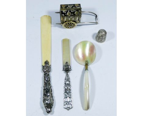 Japanese sterling silver novelty rickshaw with gilded decoration, mother of pearl and silver cuticle stick, letter opener, th