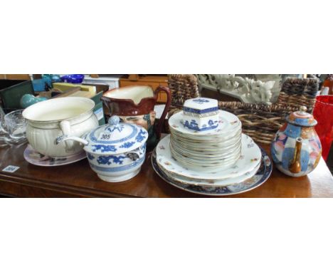 Various glassware, floral tea plates, chamber pot, Doulton mask jug etc 