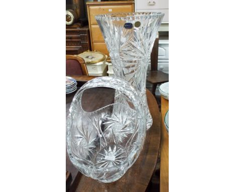 A large Bohemian crystal glass vase and a smiler rose basket 