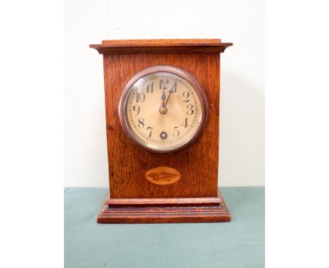 A Victorian walnut mantle clock with barometer and late Victorian inlaid oak cased mantle clock