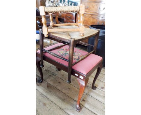 Tapestry upholstered stool on cabriole legs and two string seat stools 