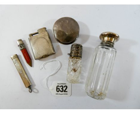 Two silver topped scent bottles, pencil in silver case by Sampson Mordan & Co, silver circular pill box and a silver cased li