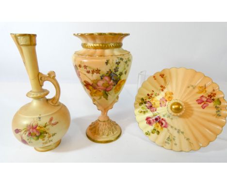 Three pieces of Royal Worcester blush ivory porcelain   Two vases restored and the spare lid has a chip 