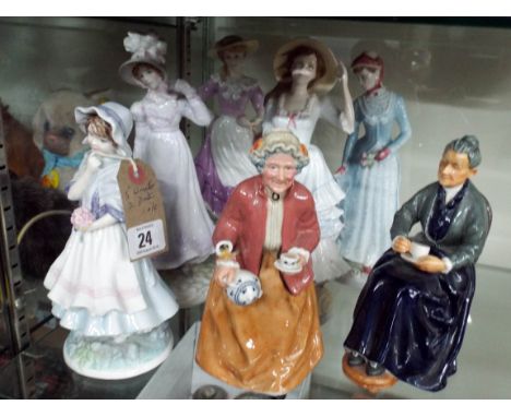 A collection of seven figurines, five Worcester and two Royal Doulton   'Teatime' is damaged 
