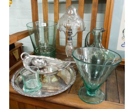 A cut glass table lamps, large green glass vases, carafe, plated tray, oval dish, ladle etc 