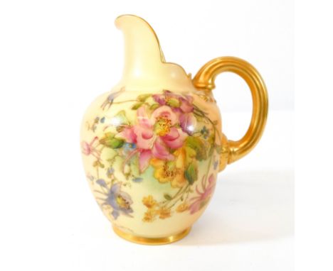 A Royal Worcester blush ivory flat back jug painted with clematis and forget-me-nots 12.5cms tall  No visible signs of damage