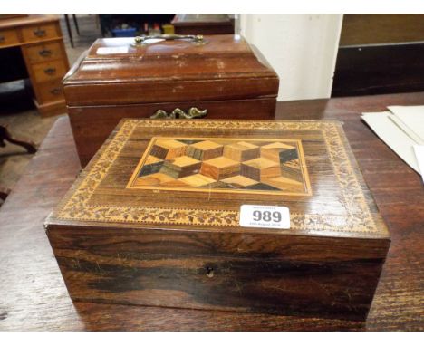 Tunbridge ware inlaid Victorian box and a Victorian mahogany tea caddy as found 